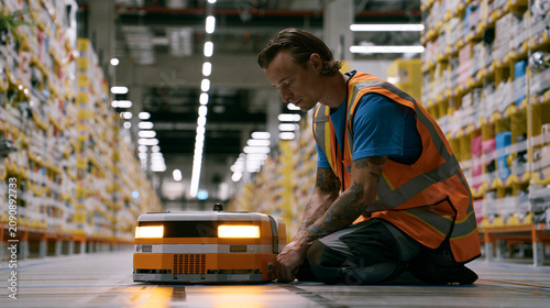 Warehouse worker inspecting an autonomous mobile robot in a logistics center
