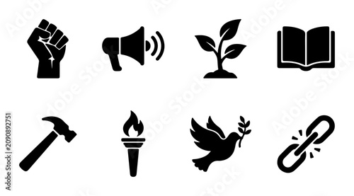 Social Justice Icons: Fist, Megaphone, Plant, Book, Hammer, Torch, Dove, Broken Chain