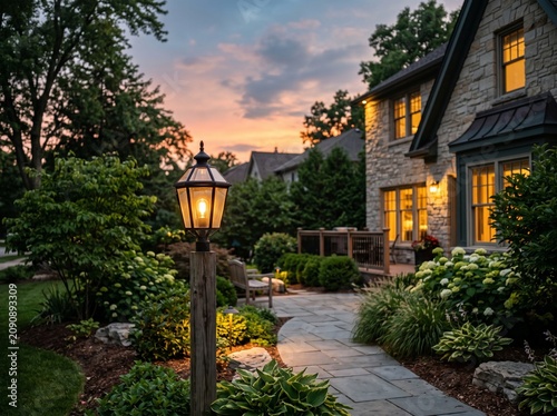 A beautiful stone house with a charming lamp post and garden at dusk, creating a warm and inviting atmosphere