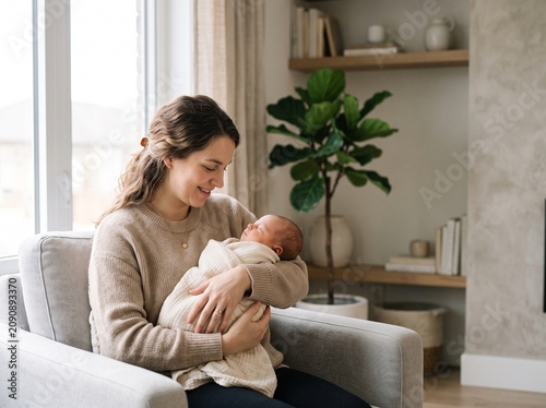A tender moment between a mother and her newborn baby, cradled gently in her arms. The mother looks down with love and admiration at the infant wrapped in a soft blanket.