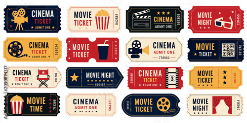Collection of vintage style movie tickets featuring various cinema icons like popcorn, film reels, and clapperboards in a colorful retro design for entertainment events