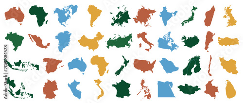 Collection of colorful country and continent map silhouettes arranged in a grid, representing global geography, international travel, and diverse nations of the world