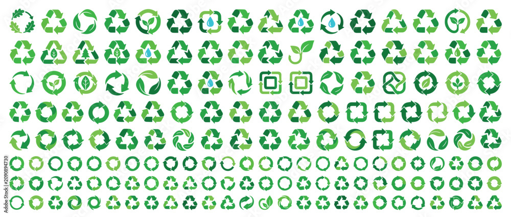 Fototapeta premium Large collection of green recycling symbols and eco-friendly icons in various styles, including arrows, leaves, and water drops, representing sustainability and conservation