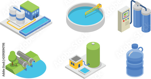 Bild auf Leinwand Isometric water treatment system icons, purification infrastructure vector colle