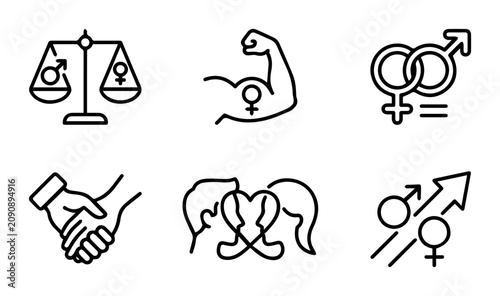Photos Gender Equality Icons Set: Balance, Strength, Partnership, Progress, Diversity