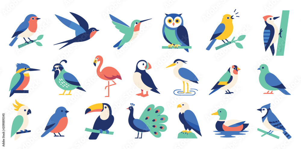 Fototapeta premium Large collection of colorful bird illustrations in a modern flat design style, featuring various species like the toucan, peacock, owl, and flamingo in different poses