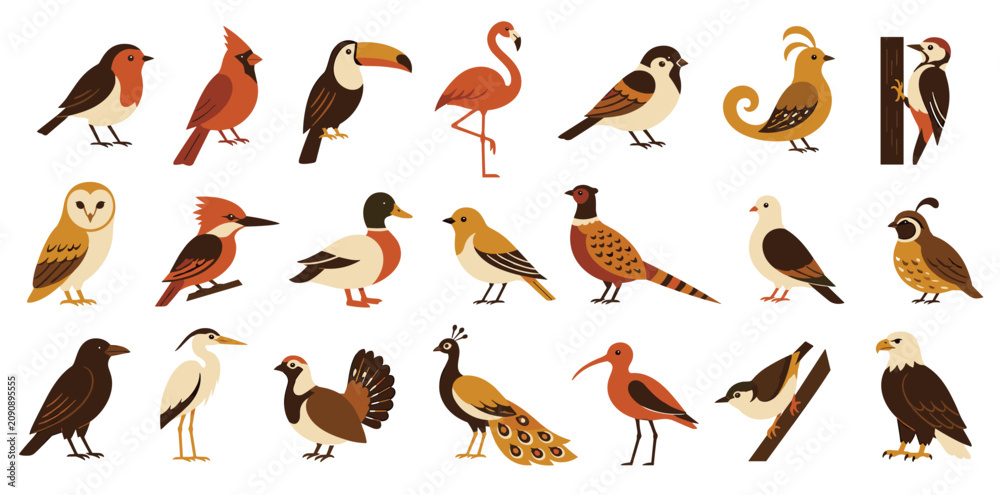 Fototapeta premium Large collection of stylized bird illustrations featuring various species like a toucan, owl, and eagle, depicted in a flat, modern graphic design style with earthy colors
