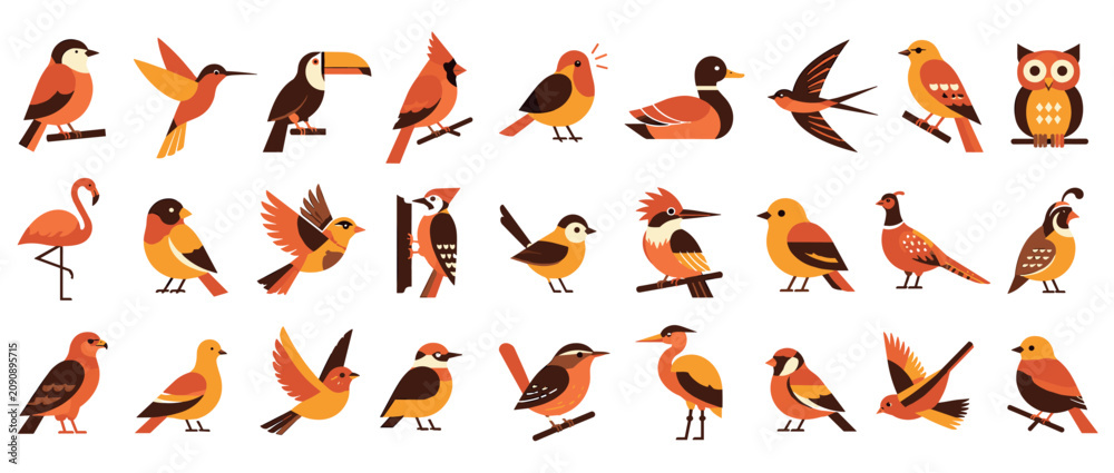 Fototapeta premium Large collection of various bird illustrations in a warm color palette, featuring species like toucans, cardinals, and flamingos in a modern, flat geometric vector style
