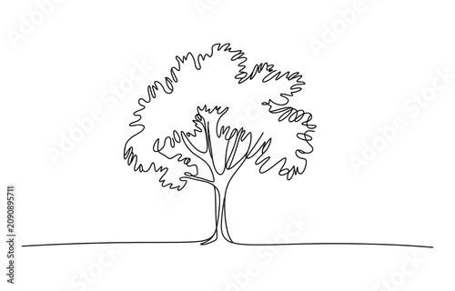 Картината върху платно Single continuous line drawing of a deciduous tree with a bushy crown