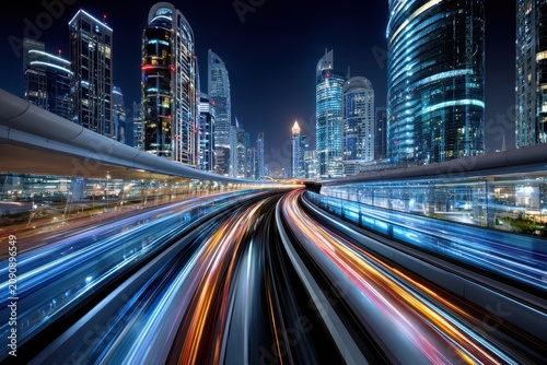 Light trails from a monorail curving around skyscrapers at night