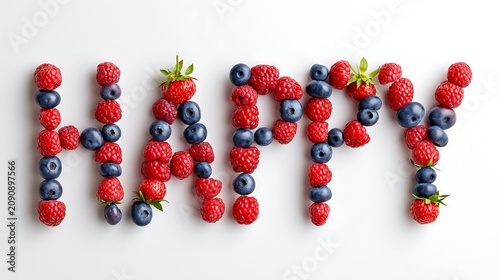 Berries arranged to spell happy on a white surface