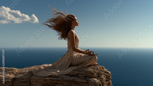 Woman sits on a cliff by the ocean during sunset