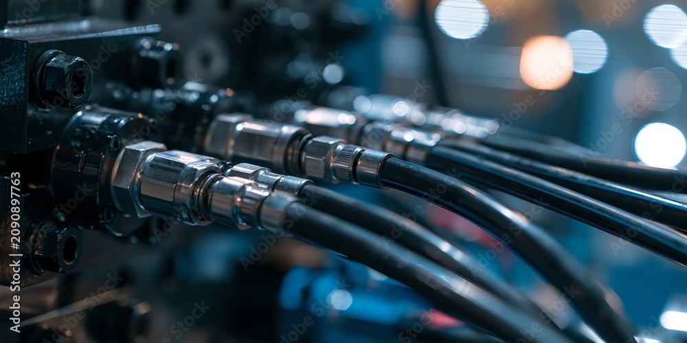 Fototapeta premium Bundle Of Industrial Hydraulic Pipes And Fittings Detailed Metallic Close Up plumbing metal tubing pipe