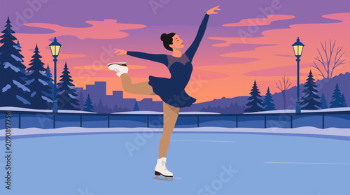 Graceful female ice skater performing elegant spin on outdoor frozen rink at colorful purple orange dusk with city skyline pine trees and glowing street lamps serene winter sports vector illustration