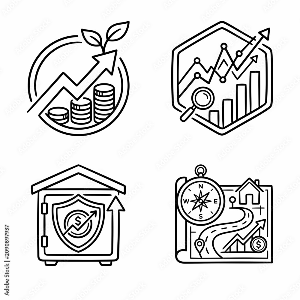 Fototapeta premium Line Art Icons: Financial Growth, Investment, and Business Strategy