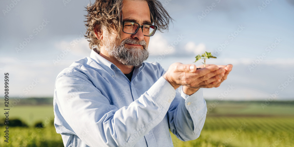 Fototapeta premium Middle-aged man with glasses holding a small green plant in his hands, standing in a lush vineyard landscape under a bright sky with clouds