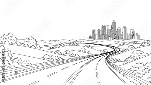 Highway landscape coloring page for adults featuring winding road through rolling hills and meadows leading toward distant modern city skyline buildings.
