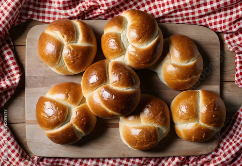 Five kaiser rolls on wooden...