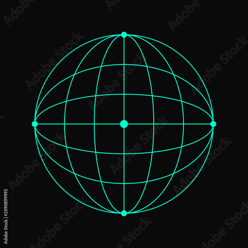 A cyan wireframe globe with grid lines and nodes on a solid black background illustration.