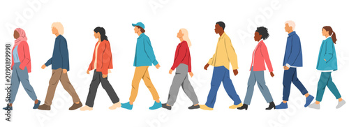 Group of people walking, young men and women of various nationalities, profile view, cartoon style characters, group silhouettes, summer clothing, flat icon concept, isolated on a white background.