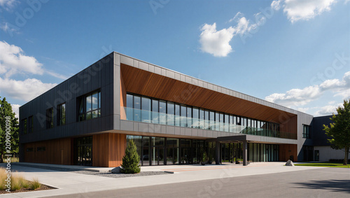 Modern sustainable office building with wood and metal siding building architecture exterior