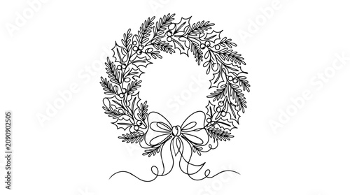 Christmas Wreath Line Art Illustration with Bow