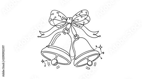 Christmas Bells with Bow One Line Art Vector Illustration
