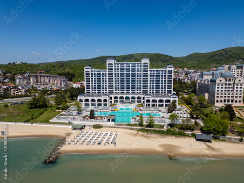 Aerial view of luxury beachfront resort hotel in Sunny Beach, Bulgaria