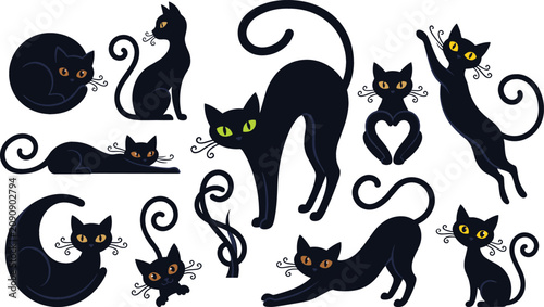 Quadro su tela Spooky black cats vector set with different poses stretching jumping sitting and