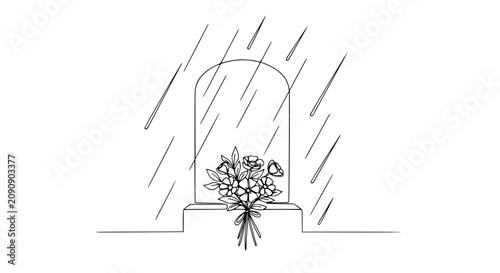 Canvastavla Grave monument with flowers in rain, minimalist line art illustration, memorial,