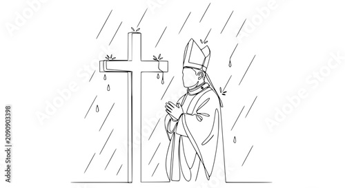 Photos Bishop Praying at Cross in Rain - Single Line Art