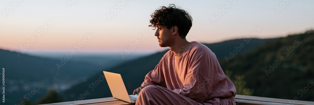 Fototapeta premium Young man sitting with laptop at sunrise glow on a hillside balcony for lifestyle background and remote work poster design