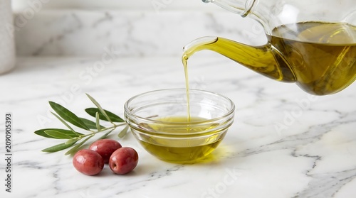 Extra Virgin Olive Oil Pouring into a Glass Bowl on Marble Table