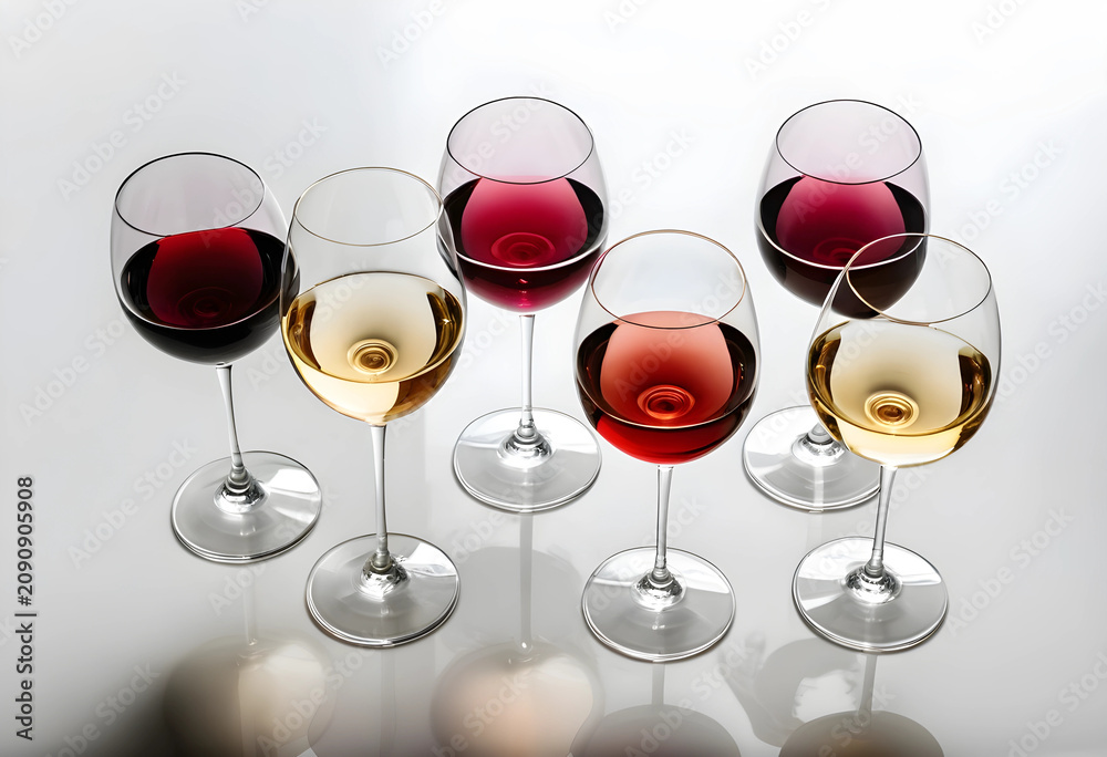 Obraz premium Top view of seven wine glasses with red and white wine