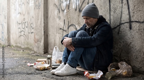 Distressed man sits alone in urban alley, grappling with poverty and despair