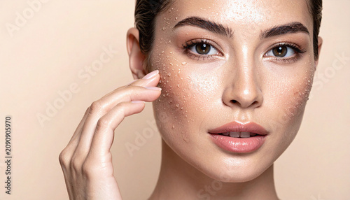 Closeup portrait of a beautiful woman with wet  radiant skin covered in dewy water droplets  evoking purity and fresh beauty for skincare and cosmetic wellness advertising.