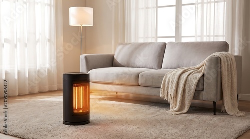 Cozy living room with modern electric heater providing warmth