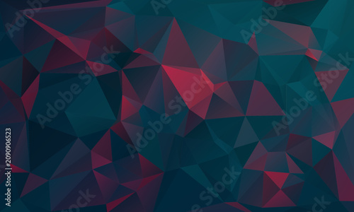 Dark teal and magenta low poly geometric triangles. Deep dramatic polygonal mosaic backdrop with sharp overlapping dark green, blue, and wine red shapes for modern dark mode website banners, technolog