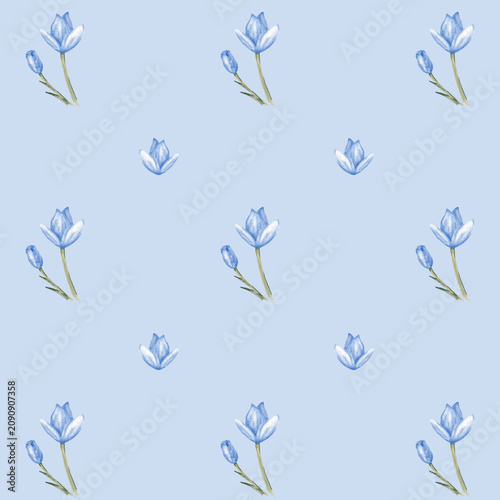 Pattern of blue flowers on light blue background in a simple design