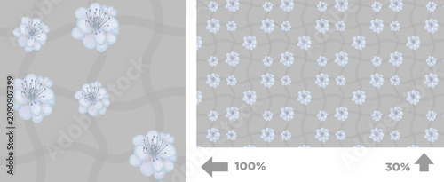 Design of white flowers on a gray background with a pattern that shows the arrangement of flowers at different scales