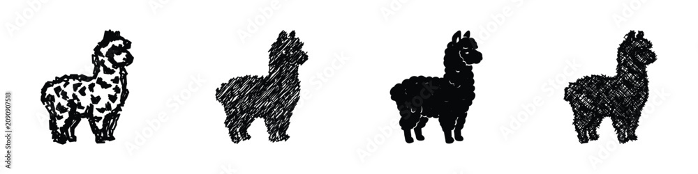 Fototapeta premium Collection of four llama and alpaca illustrations in various artistic styles