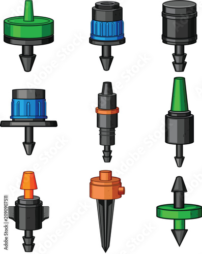 Tableau sur toile Assortment of colorful drip irrigation emitters and drippers on a white backgrou