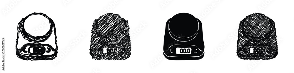Fototapeta premium Collection of four different kitchen scales, two sketched and two solid black