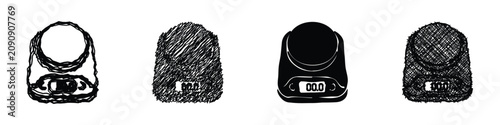 Foto Collection of four different kitchen scales, two sketched and two solid black