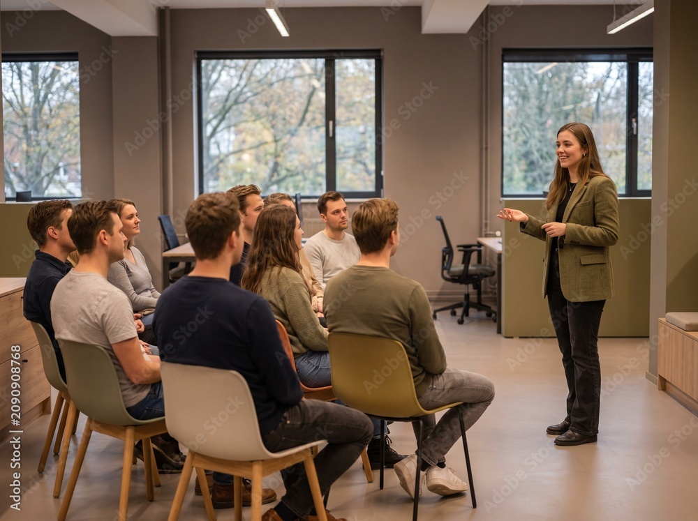 Obraz premium Female Speaker Presenting to Group in Modern Office Meeting