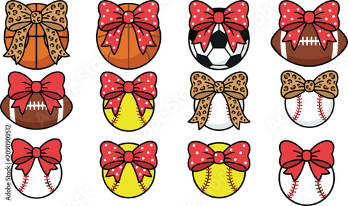 Sports Ball with Bow Clipart Bundle Girls Sports Vector Illustration Set