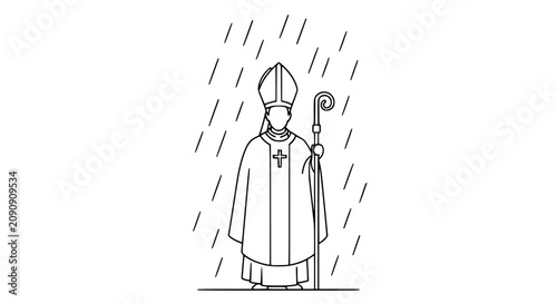 Bishop in mitre and robes standing in rain, holding crosier staff - outline illustration