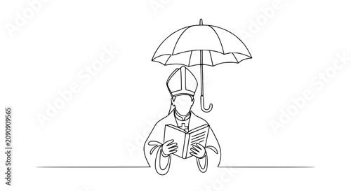 Bishop Reading Book Under Umbrella, Continuous Line Art
