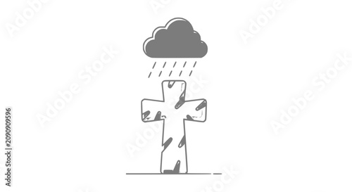 Schilderij op canvas Drawn Cross Under Rainy Cloud, Grief and Sadness Symbol