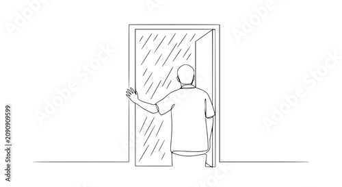 Man opens door to rainy day, minimalist line art, new beginning, choice concept